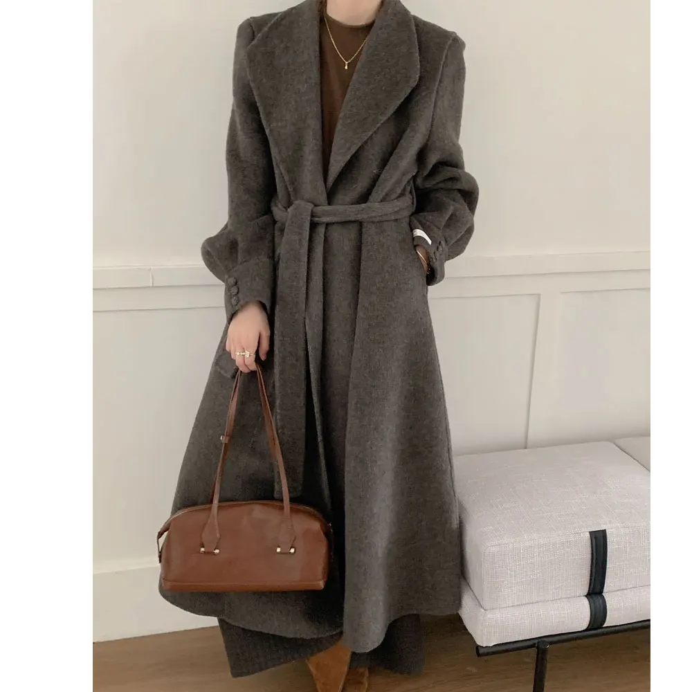 

2025 Women Autumn Woolen Coat Turn Down Collar Cashmere Winter Clothes Long Coats With Blet Design Tops For Women Winter Clothes