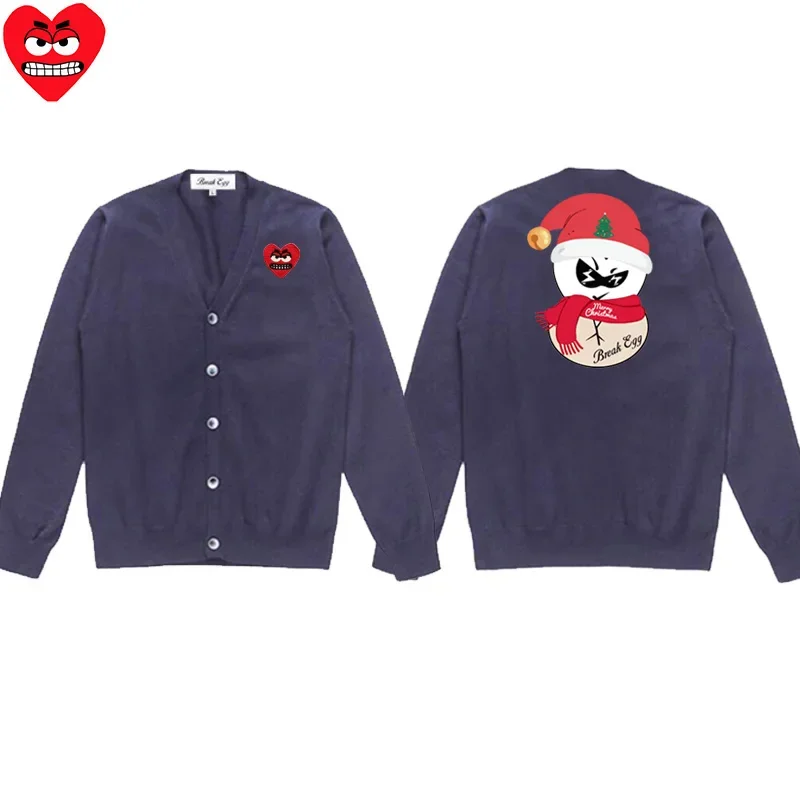 Cartoon Snowman Printing Men Cardigan Cotton Cool Snag Heart Embroidery V-Neck Single Breasted Long Sleeves Autumn Fit Sweater