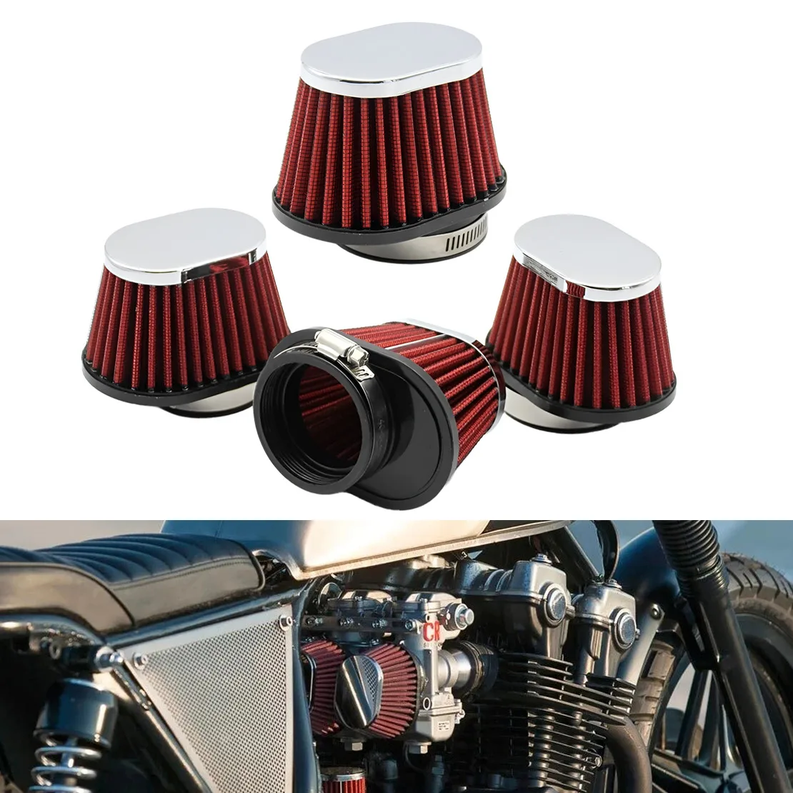 4Pcs Motorcycle Carburetor Carb 55mm Oval High Flow Air Intake Filter Pods Inlet Cleaner Fit For Honda CB 750 900 1000 CR VM TM