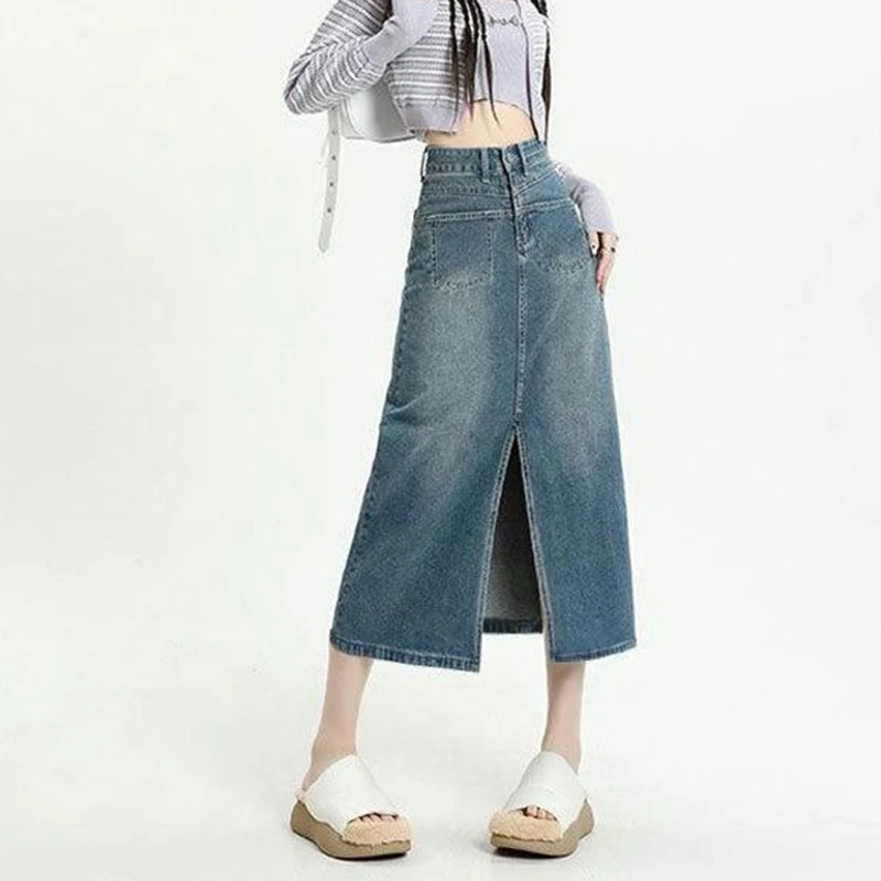 

2026 Summer Girls Fashion Retro Slit Denim Skirt Lady Classic A-line Slit High Waist Skirts Female Korean Jeans Dress