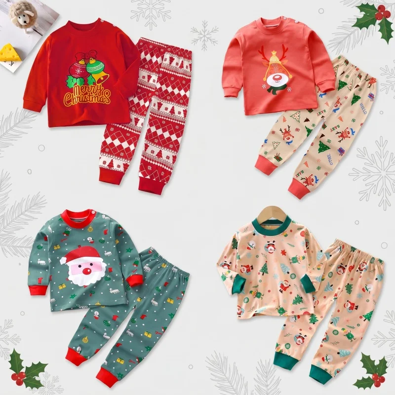 2025 Autumn 6M-6Y Kids Cotton Pajama Set Christmas Cartoon Print Children Clothes Long Sleeve Top Pants Unisex Baby Homewear