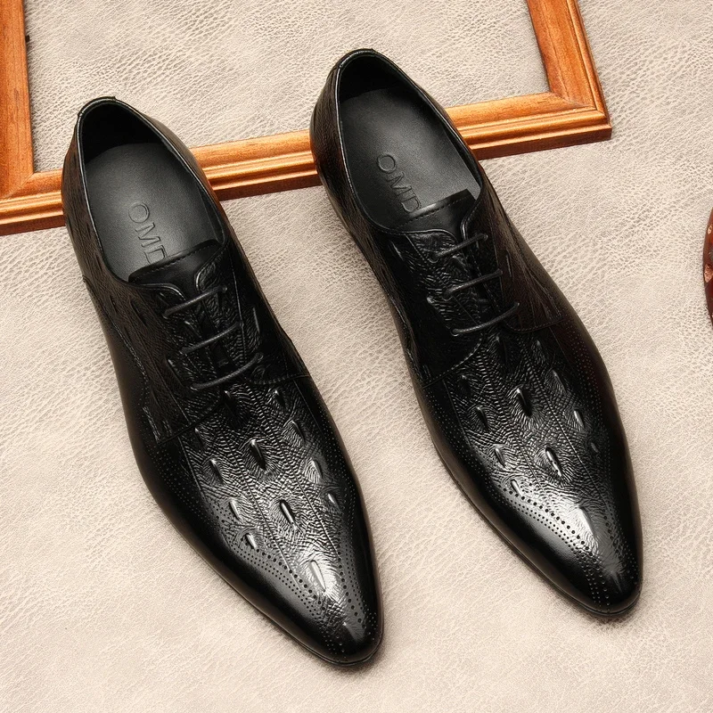 New Spring/Autumn Black/Red Handmade Lace-up Genuine Leather Ostrich Pattern Dress Oxford Flat Brogue Formal Shoes