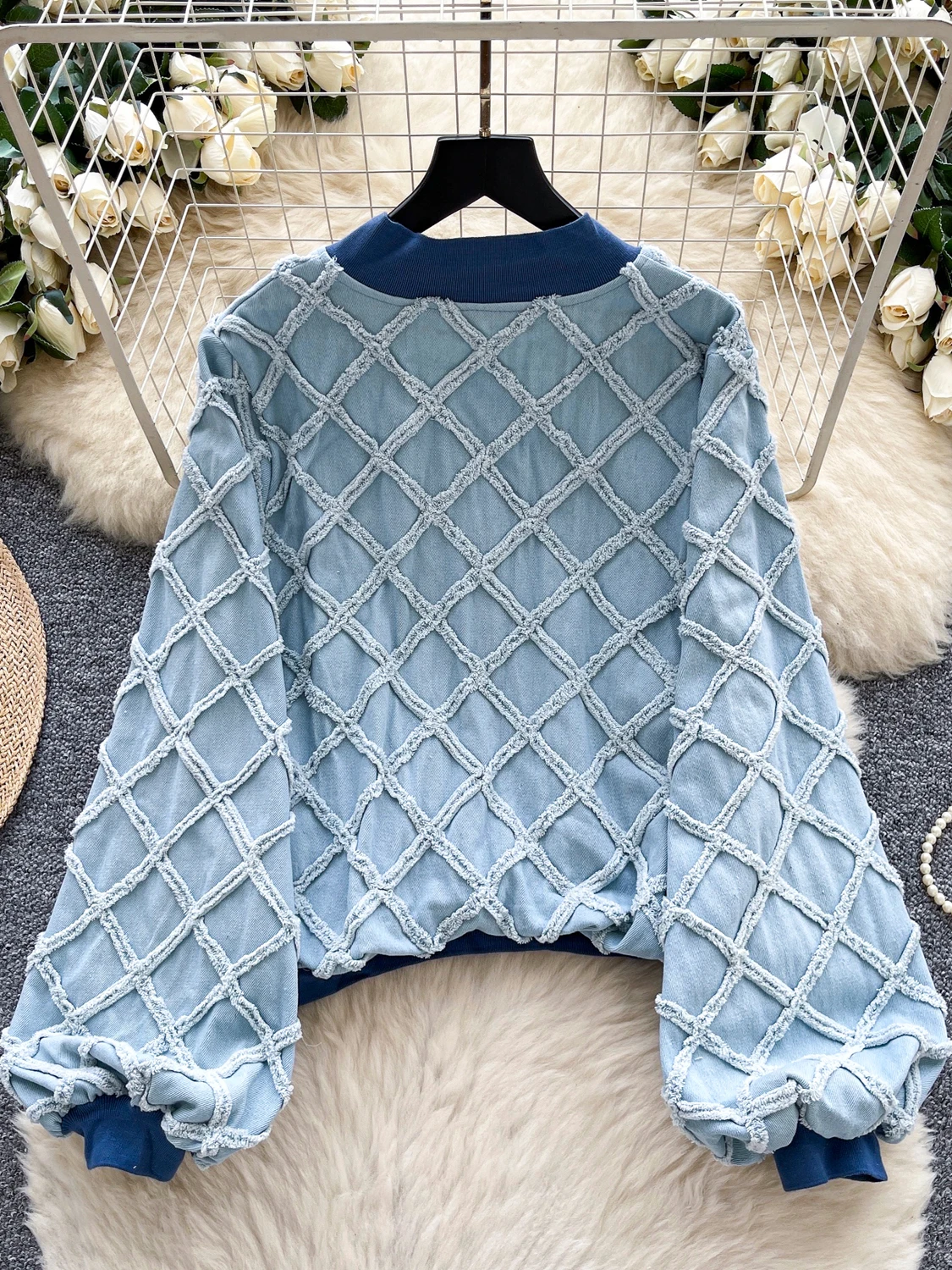 

Retro Cool Spicy Sle Bubble Sve Women's Jaet Autumn Plaid Patchwork Design ort Jeans Outerwear Trendy Streetwear