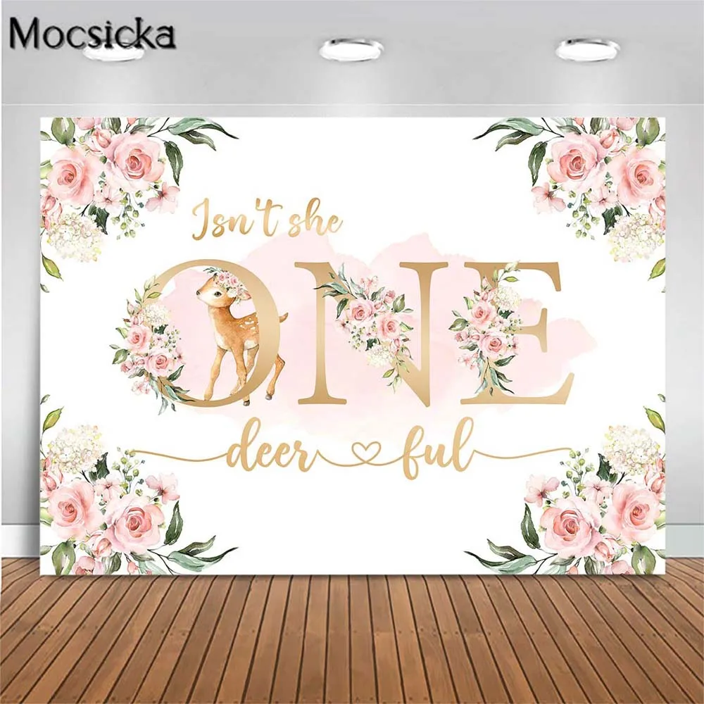 

Mocsicka Onederful Girl 1st Birthday Backdrop Deer Pink Flowers Isn't She Onedeerful Newborn Background Photography Party Banner