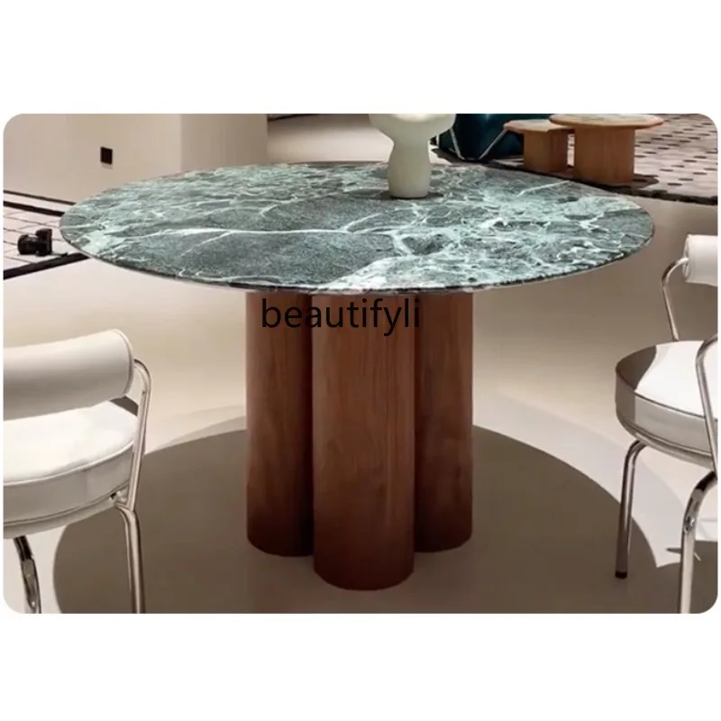 

French antique style large flower green marble designer small apartment luxury stone solid wood round dining table