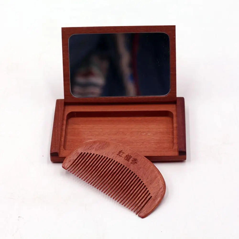 Juego de espejos de peine de madera duraderos 2 en 1, Mini espejo plegable portátil de madera de melocotón, diseño tallado, espejo de maquillaje de mano para chica y mujer