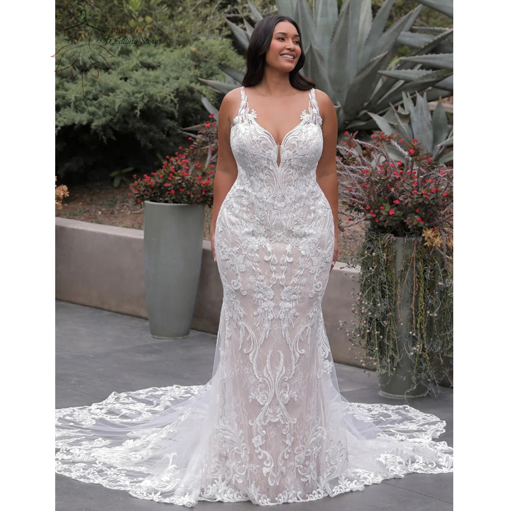 Squisiti spalline per Spaghetti abiti da sposa Plus Size scollo a V senza maniche abiti da sposa Appliques di pizzo Sweep Train Vestido De Noiva