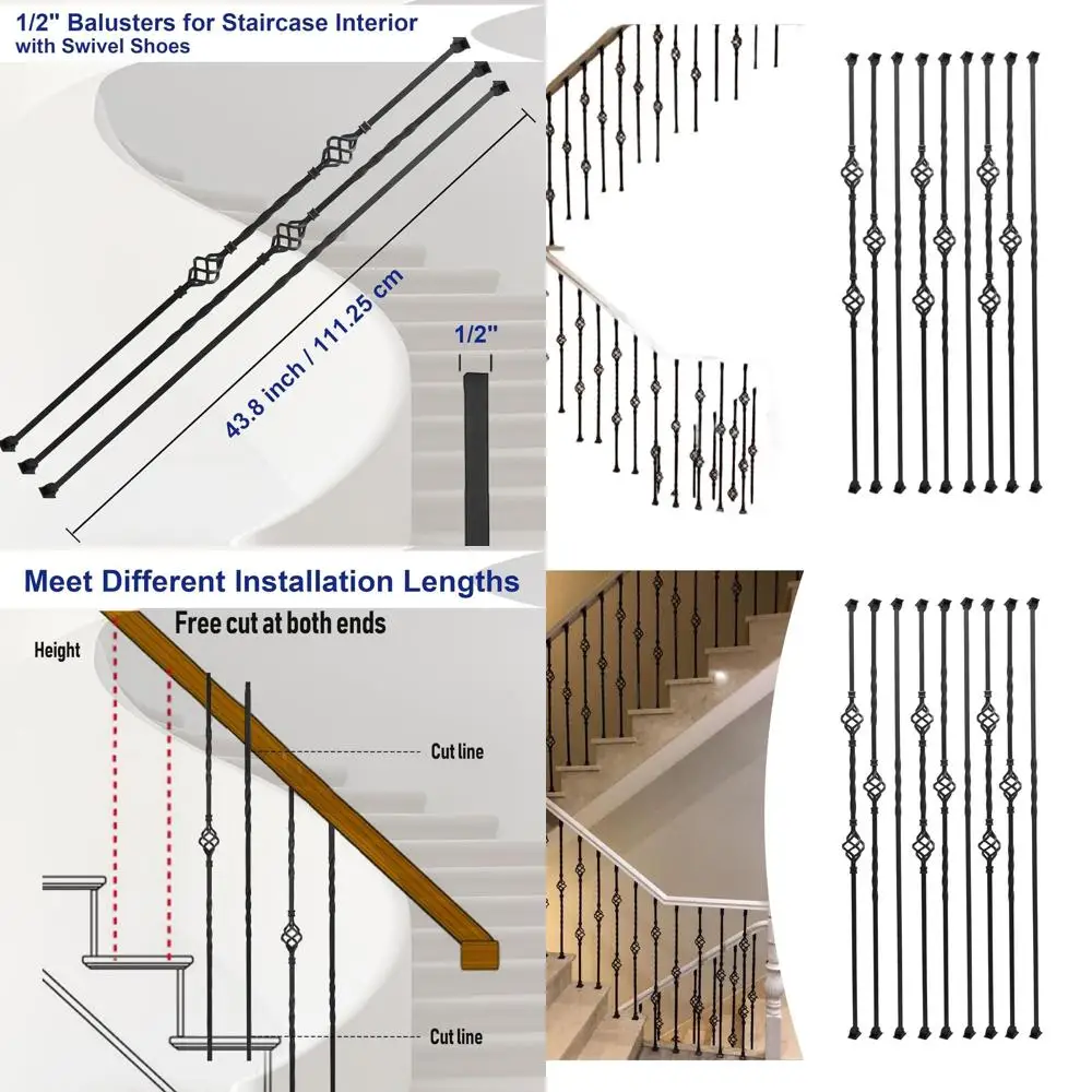 

9-Pack Hollow Double Basket Iron Spindles, 1/2 Square Staircase Balusters with 18 Swivel Shoes