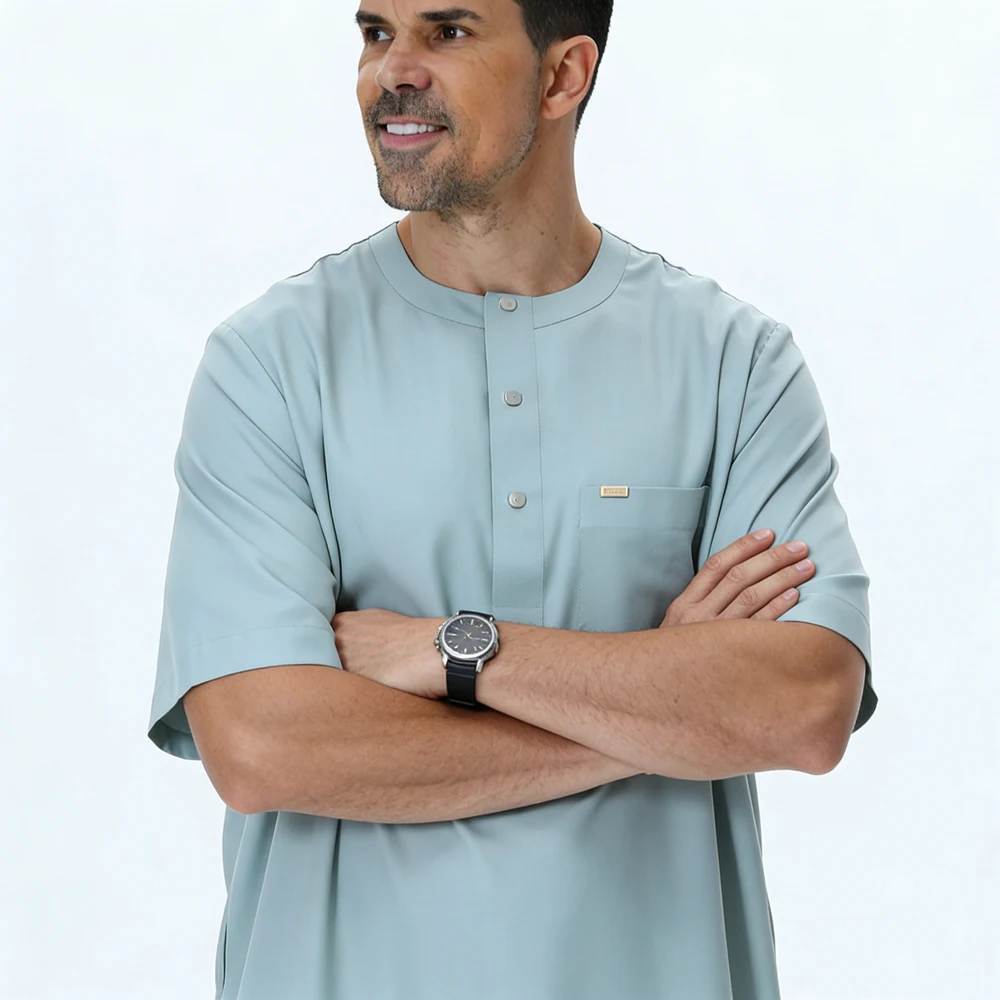 

Dubai Muslim Men Short Sleeve Loose Robe Jubba Thobe Saudi Arabic Abaya Turkey Caftan Islam Clothing Daffah Dishdasha Casual New