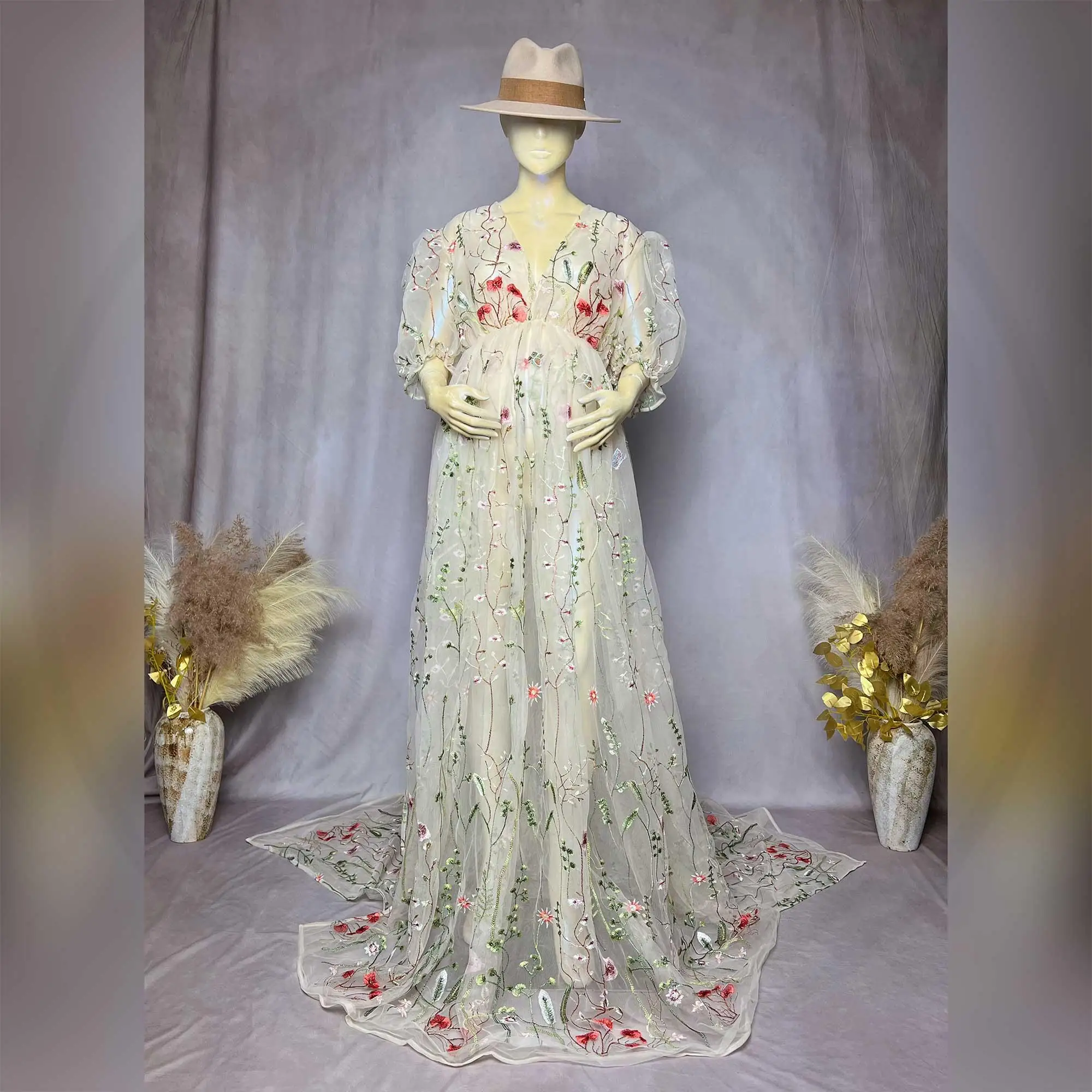 Don&Judy Flower Embroidery Dress V Neck Pregnant Woman Dress For Baby Shower Photography Sexy Woman Gown