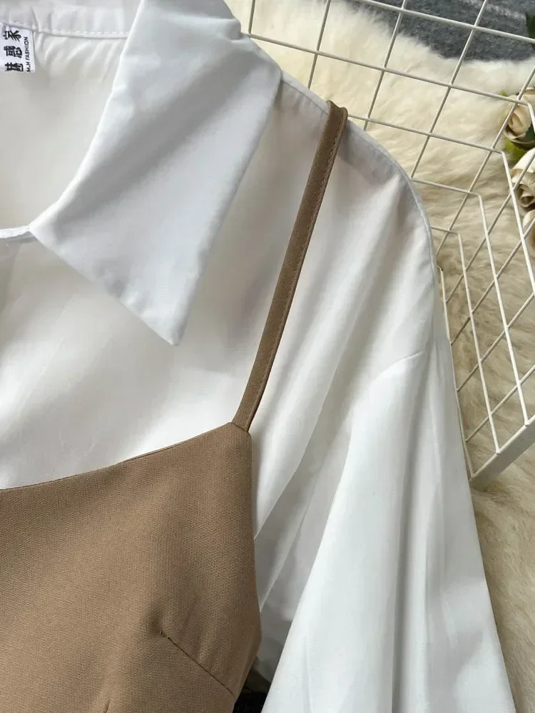 Women Spring Sautumn Dresses Temperament and High-end Small Camisole Two-piece Set Collar Long-sleeved White Vestidos D1692