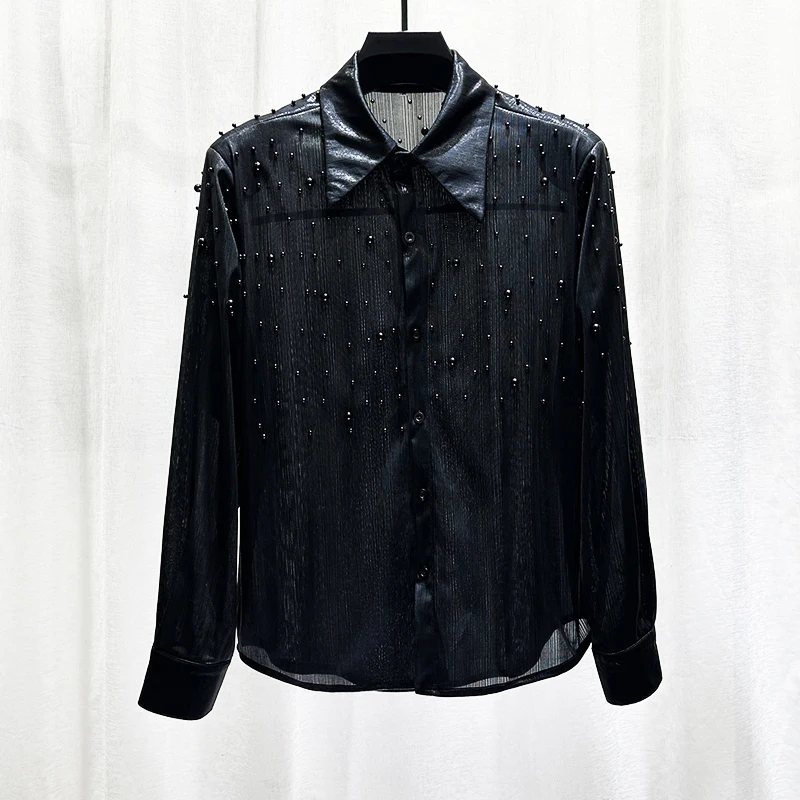 PFHQ Summer New Embroidered Pearl Shirt Shoulder Design Fashion 2024 Darkwear Solid Color Long Sleeve Male Tops 21Z5500