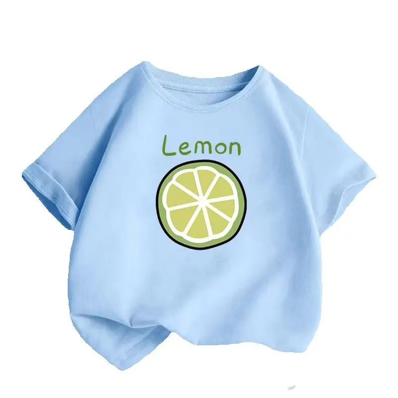Girls' Lemon Short Sleeved Pure Cotton Summer Outfit, Thin Design, Boys' Round Neck T-shirt, Colorful Parent-child Outfit
