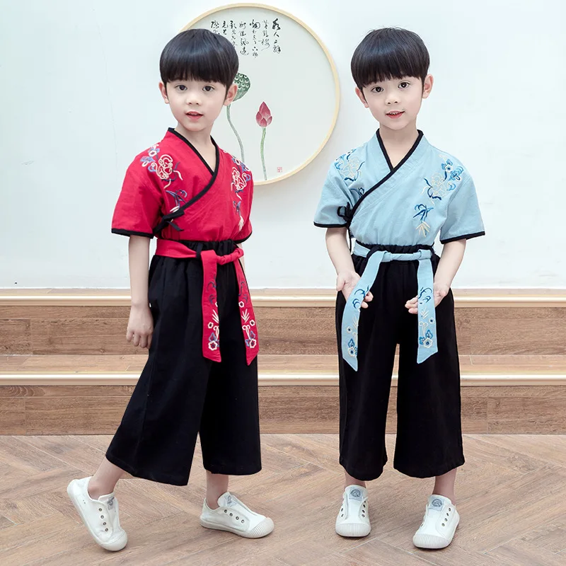 Boys Cotton New Retro Red Chinese Style Traditional Hanfu Vintage Button Embroidery Tang Suit Two Piece Set Role Play Costume