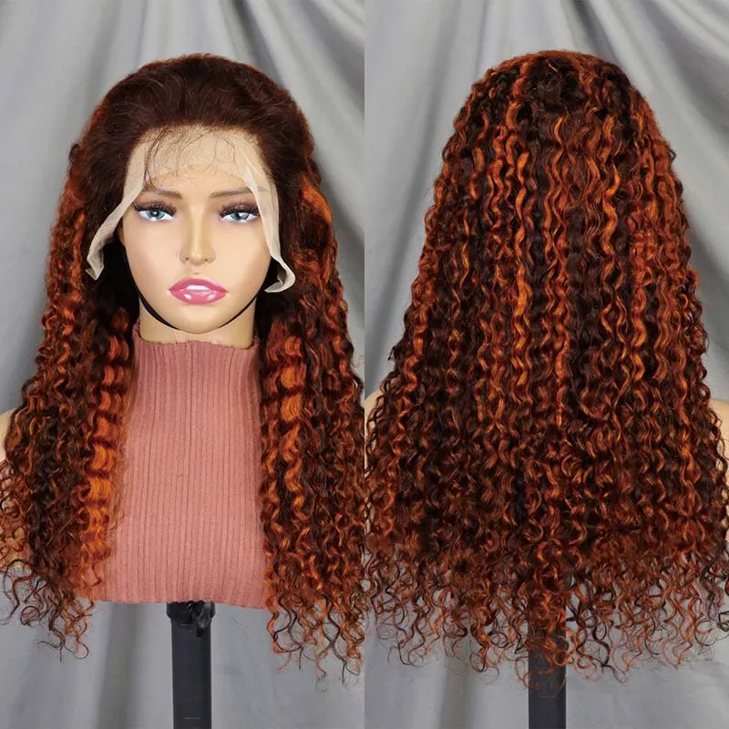 Peruca de Cabelo Humano Virgem Brasileiro, Peruca de Onda De Água, Gengibre Laranja Destaque, Lace Frontal Perucas, 13*4 Lace Front, 4/350 #