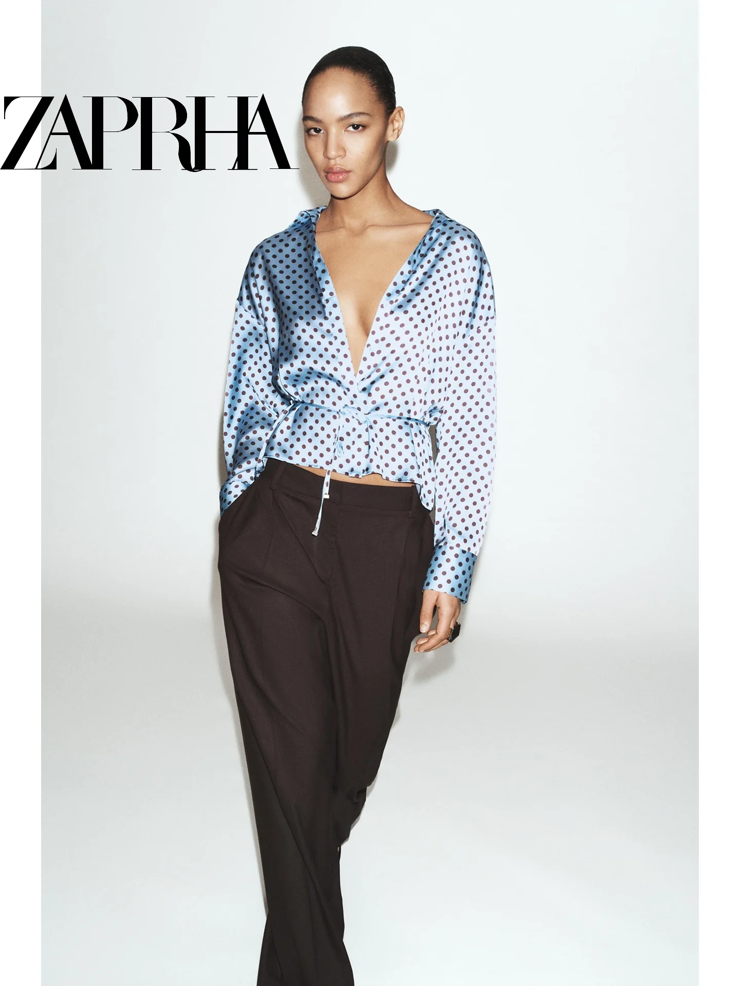 

Summer 2026 Unique Fashion Long Sleeve Neck Belted Polka Dot Silk Satin Feel Women's Shirt Commute Style Waist Cinched