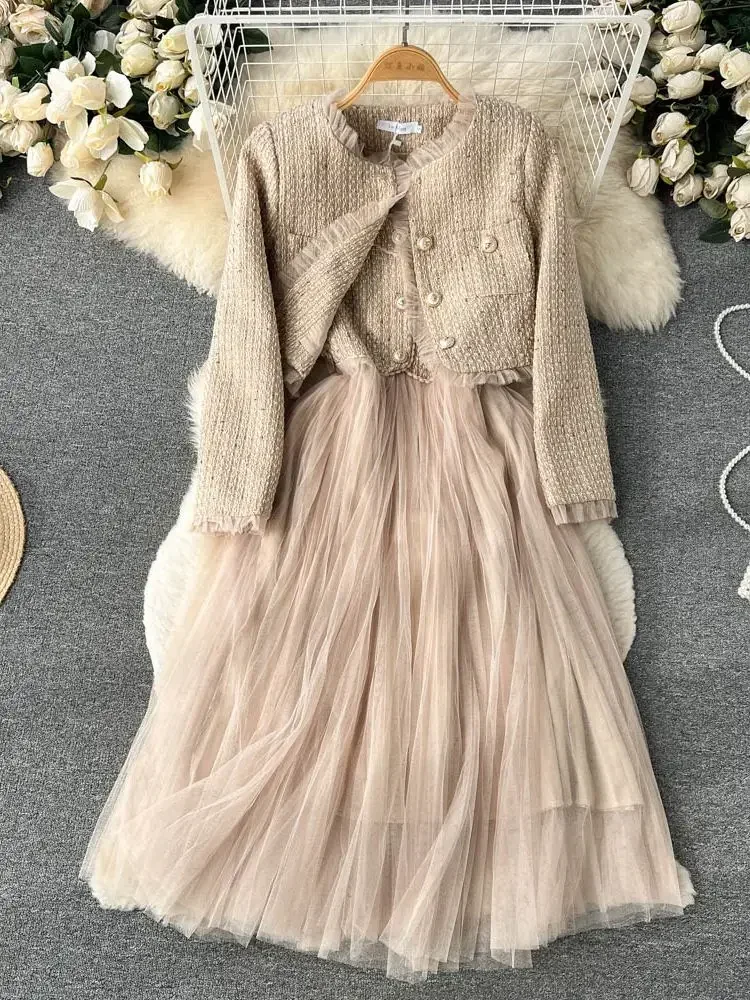 

Women's Spaghetti Strap Woolen Patchwork Midi Dress and Short Tweed Jacket Coat, Mesh Tulle, Autumn Outfits, New, 2 Pcs Set