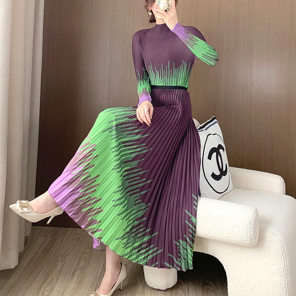 Half Skirt Set for Women\'s High-end Spring Fashion Gradient Pleated T-shirt Top Long Pleated Skirt Two-piece Set