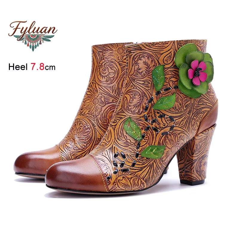 

Fashion High Heel Women Short Boots Hand Rubbed Color Three-dimensional Flowers Comfortable Coarse Heel Ankle Boots Lady Shoes