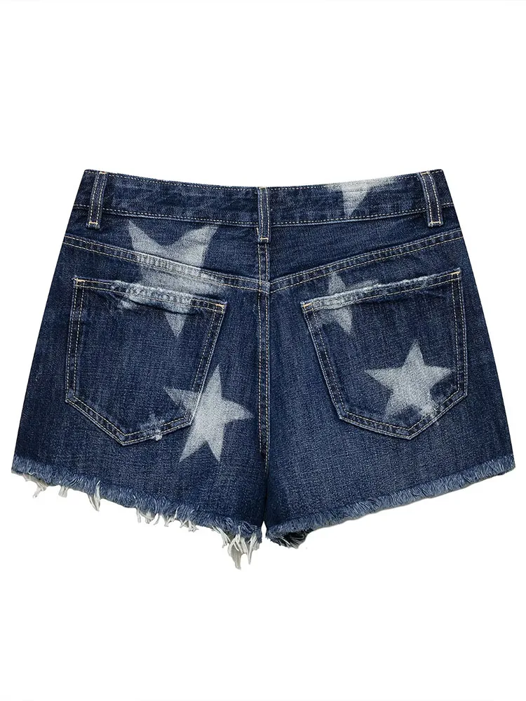 HH Women Summer Spring Party Vintage Star Print Denim Shorts Summer High Waist Ripped Frayed Hem Casual Regular Fit Jean Shorts