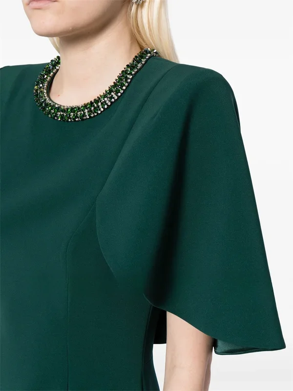 CustomizedDark Green Crystal O Neck Evening Dresses Tea Length Mermaid Short Cape Sleeves Elegant Party Dresses for Women