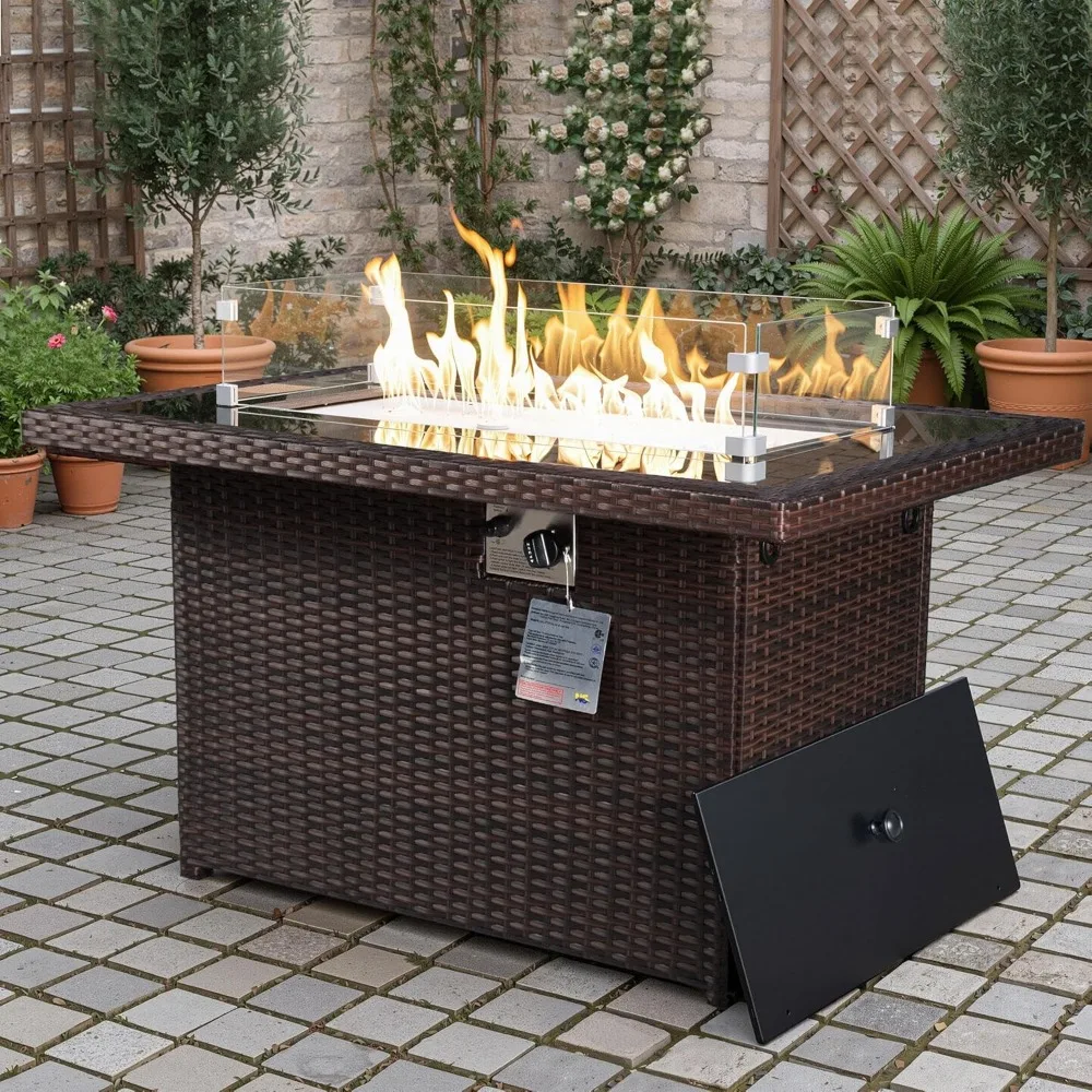 

NICESOUL Wicker Outdoor Fire Pit Table Natural Gas/Propane, 43'' Rectangular Firepit Table for Outside, 60000 BTU Patio Fireplac