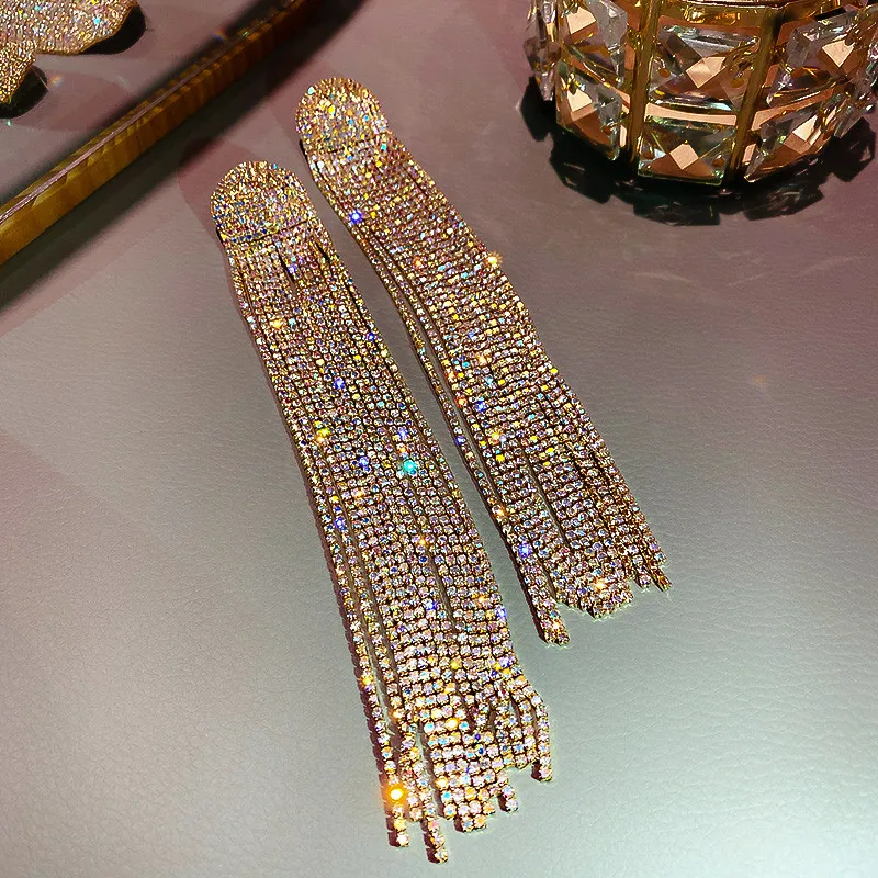 FYUAN Long Tassel Rhinestone Drop Earrings for Women Ovsize Crystal Dangle Earrings Fashion Jewelry