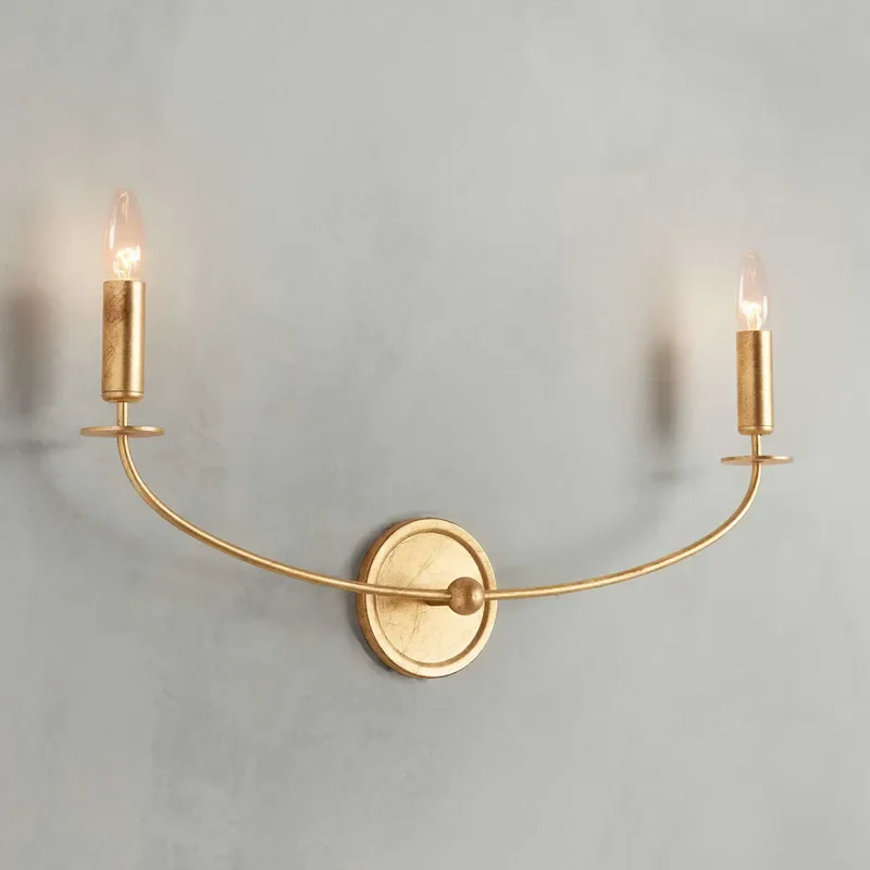 Vintage Gold Foil Wall Lamp Curved Arm Brass LED Candle Light Fixture for Bedroom Decor Modern Two Head Sconce Lighting Brass