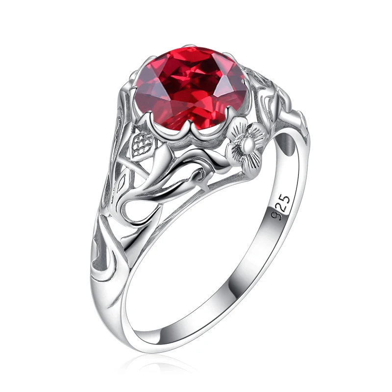 Szjinao 8*8mm Elegant Garnet Rings 925 Silver Women's Jewelry Round Red Gemstone Banquet Party Gift Intage Art Deco Revival