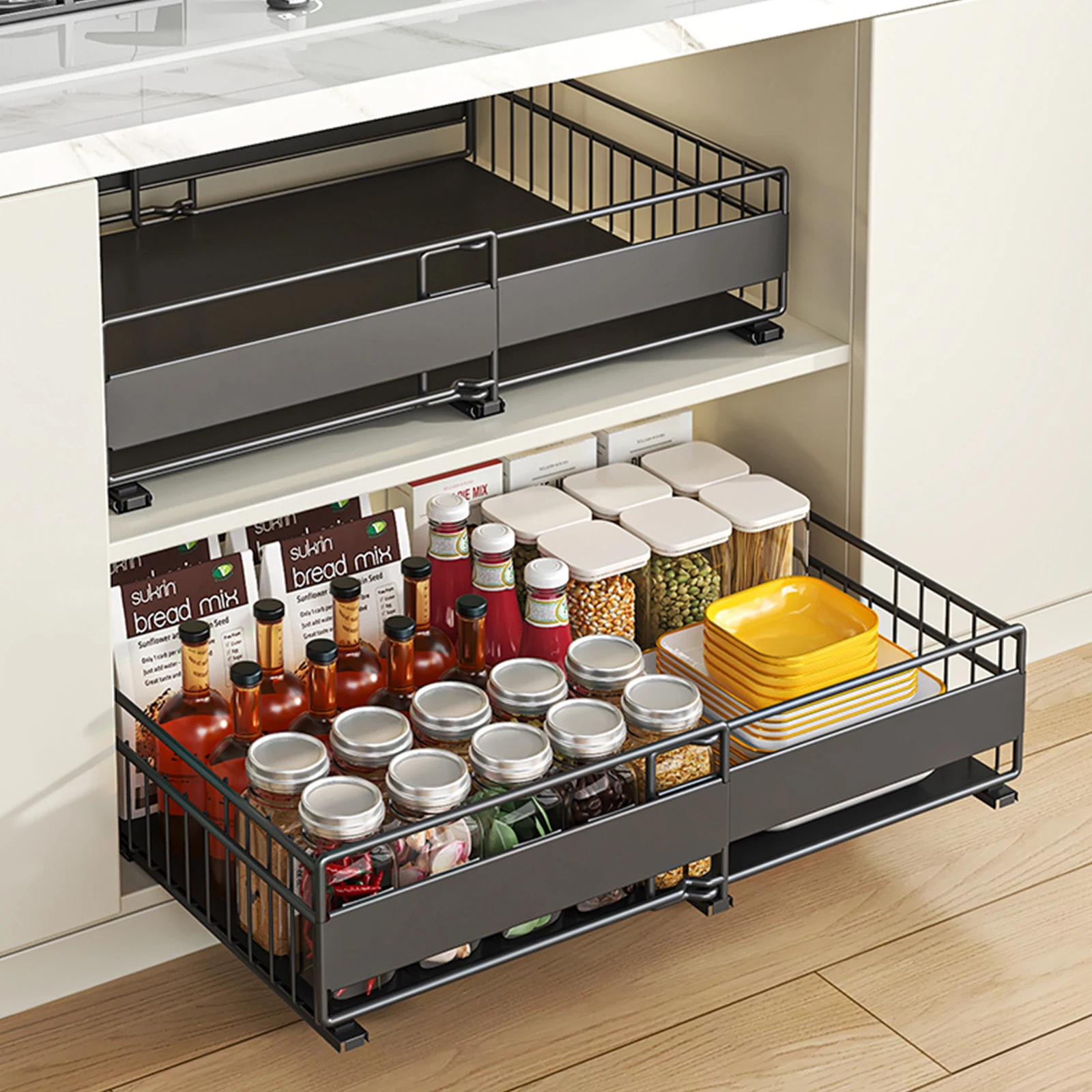Kitchen Cabinet Storage Rack Retractable Punch-free Drawer-type Pot Seasoning Bowl and Dish Pull-out Basket Under The Sink Rack