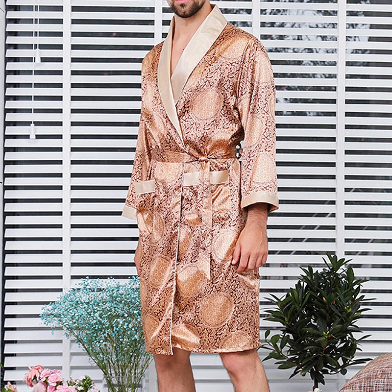 Sexy Men\'s Silk Pajama Shorts 2pcs Set Summer Thin Long Sleeved Bath Robes Men\'s Oversized Men\'s Bathrobe Kimono Men Robe