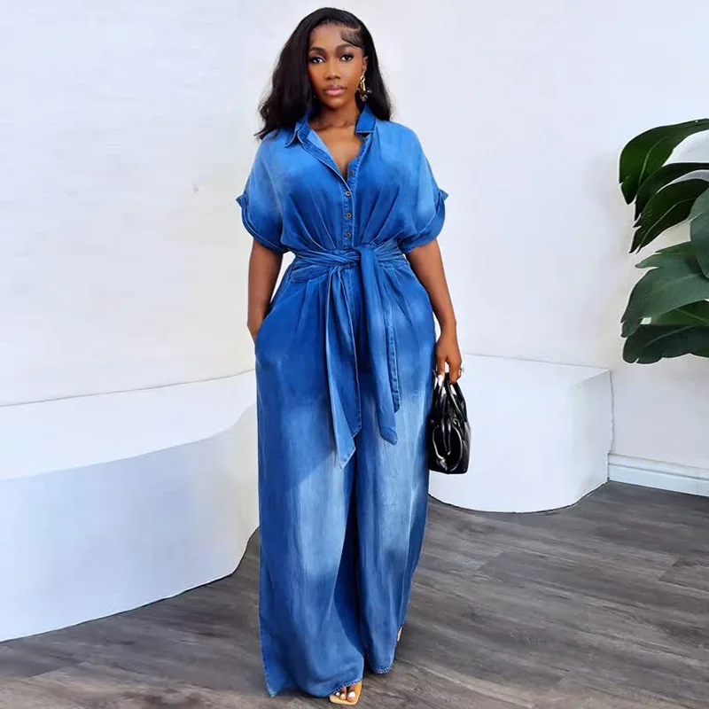 Jumpsuit Women Vintage One Piece Wide Leg Pants Single Breasted Lace Up Pockets Floor Length Female Spring 2025 Casual Rompers