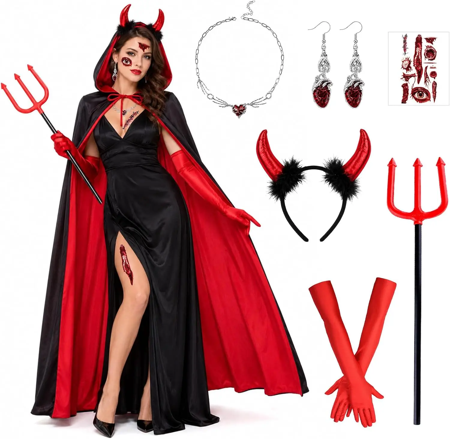 Teufel-Kostüm Damen-Set, Doppelseitiger Umhang mit Kapuze 175 cm / Dreizack / Stirnband / Handschuhe / Kristallkette, Teufel-Kostüme Herren für Vampir-Hexe Halloween Karneval Cosplay Maskenball