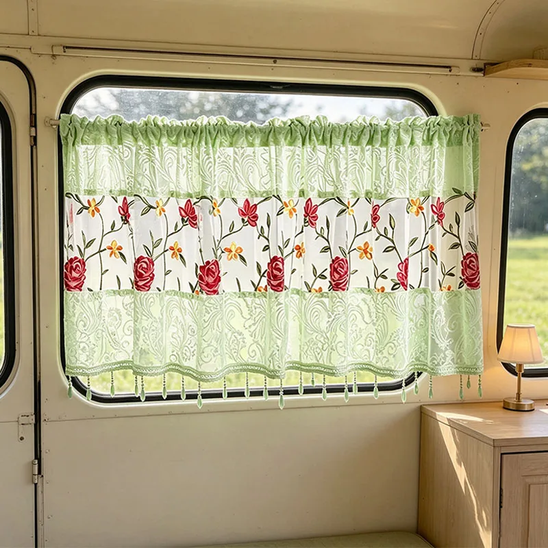 1pc Light Green Fern Lace Red Rose Multi‑Floral Embroidered Mesh, Bead Fringe Rod Pocket Semi‑Transparent for Bay Window Camper