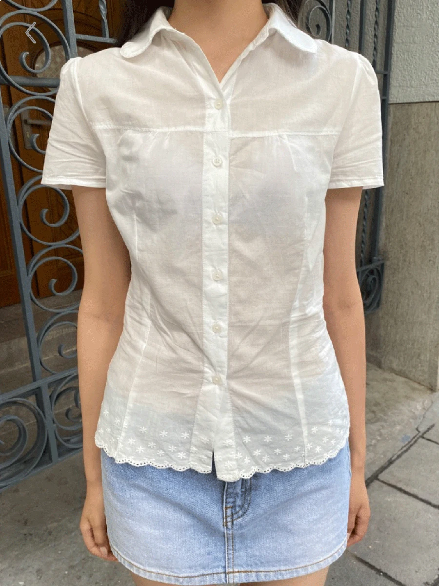 Fleur broderie ourlet T-shirt Blouse femmes été col claudine simple boutonnage coton chemise blanc doux à manches courtes t-shirts