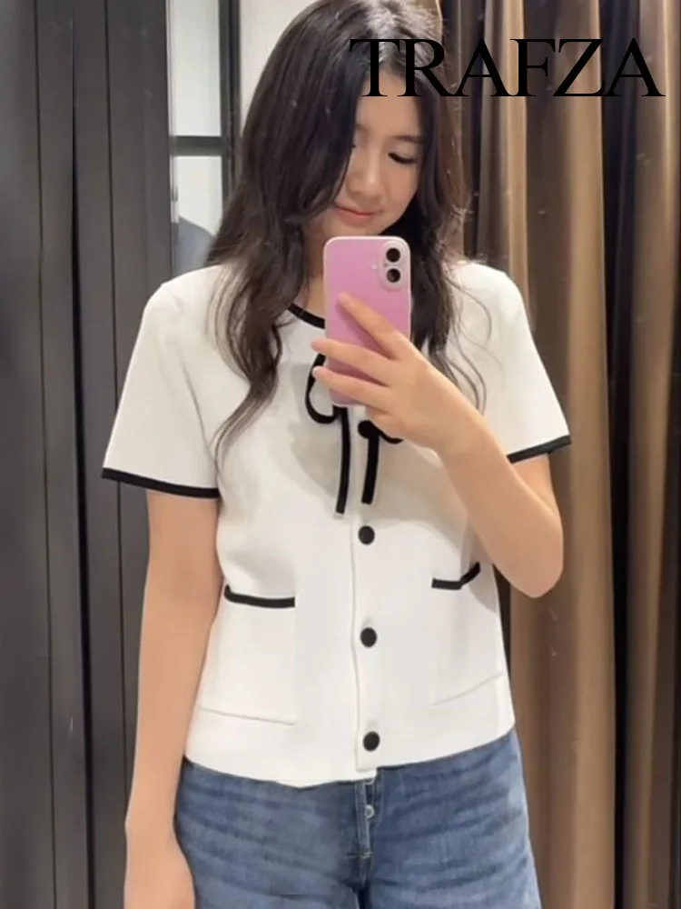 

HH Women Bow Lace-Up Sweater Tops White O-Neck Short Sleeve Pockets Single-Breasted Female Fashion Casual Knitted Cardigan