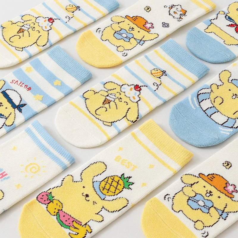 5 Paar Sanrio PomPomPurin Baumwollsocken für Jungen, Cartoon-Anime, Herbst und Winter, geruchshemmend, schweißabsorbierend, Baumwollsocken in der Mitte der Wade