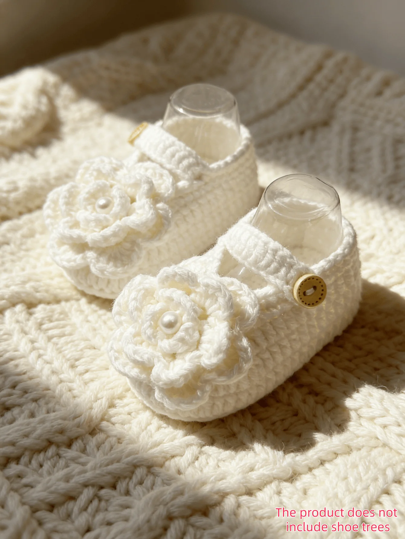 1 Pair Handmade Crochet Baby Booties, White, Floral Accent with Pearl, Button Strap, Newborn Infant Shoes