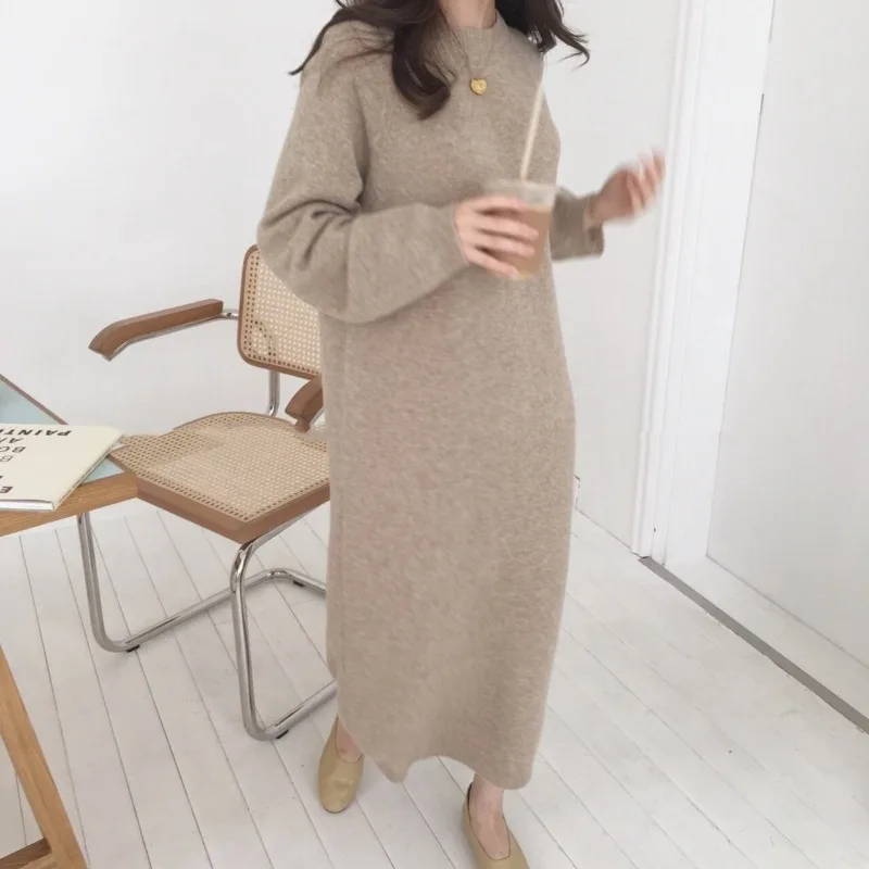 

2025 Fashion New Round Neck Knit Sweater Women's Loose Lazy Over-the-knee Knit Dress Korean Base Layer Super Long Sweater