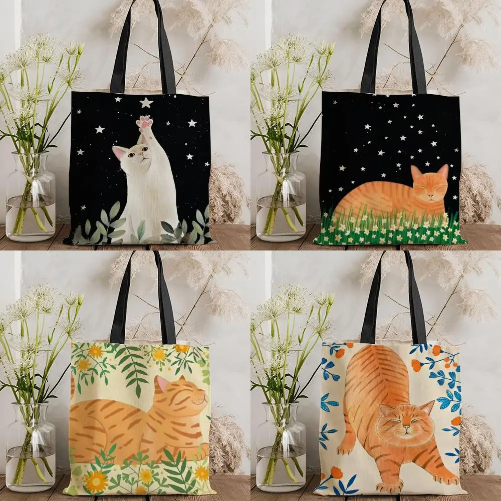 Anime Kawaii Plant Cat Storage Bags Double-Sided Printed Canvas Tote Bag Eco-Friendly Reusable Large Capacity Handbag