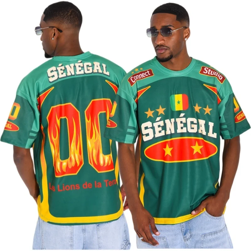 Men Senegal National Football Jersey Flag Print Short Sleeve T Shirt Fire Quick Dry  Teranga Lions Fan Casual Sport Training Top