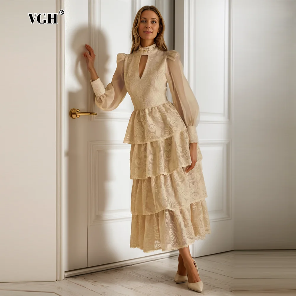 

VGH elegant Hollow out embroidery long dress for women stand collar lantern sleeve high waist temperament slim dresses female