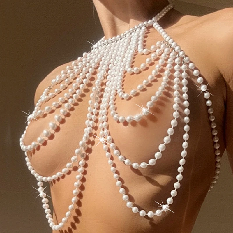 White Pearls Cover-Ups Bikini Top Women Swimwear 2024 Summer Woman Fashion Halter See Through Hollow Out Swimsuit Beach Cover Up