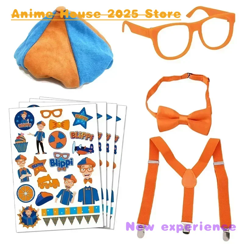 2025 Animation Costume Hot Blippis Costume Cosplay Accessorie Toys Orange Bow Tie Suspenders Hats and Glasses Stickers Roleplay