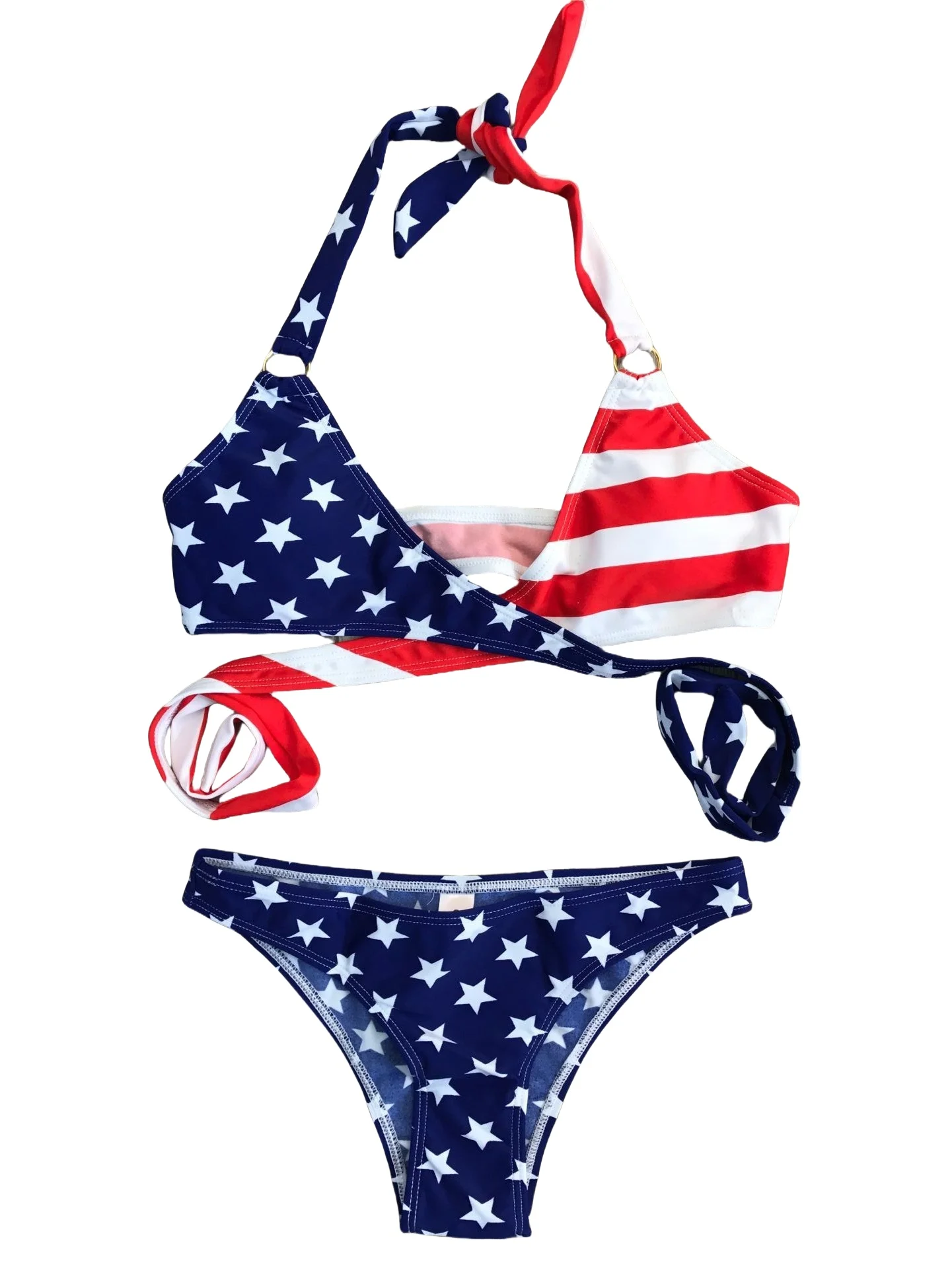 

American Flag Bikini Set Women's Patriotic Two-Piece Swimsuit Wrap Halter Bikini Top with Blue Star Bottom Fashionable Beach Sw