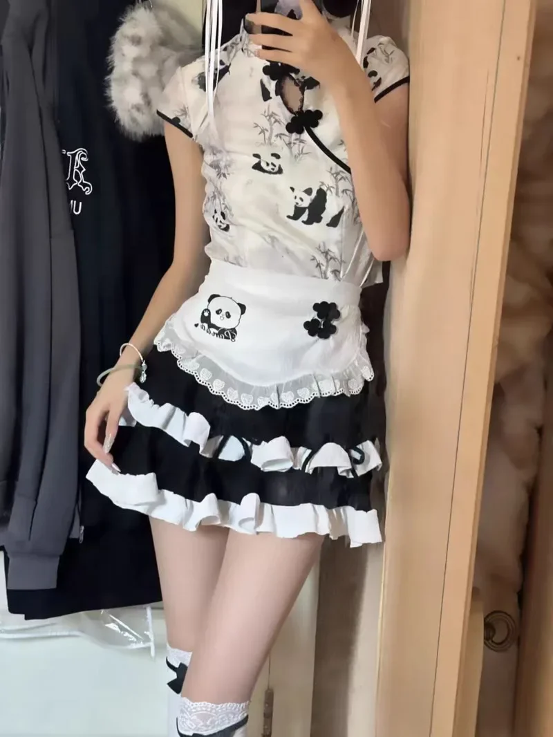 

Summer New Cartoon Print Women's Top High Waist Thin Bow Splicing Pleated Skirt Slim-fitting Sweet Dress Elegant Ladies B1UX