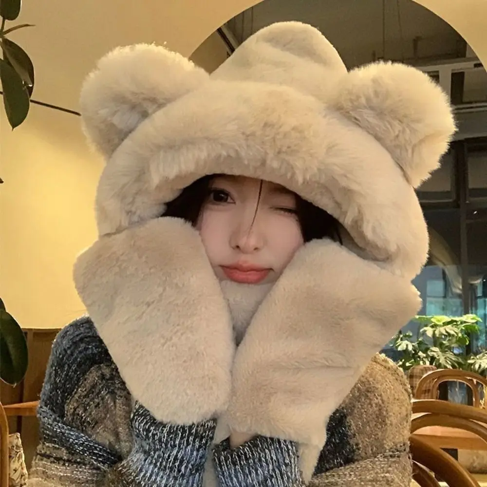 3 in 1 Hat Scarf Gloves Set Fleece-lined and Thickened Thickened Ear Protection Cap Cute Bear Ear Winter Warm Women Beanies Cap