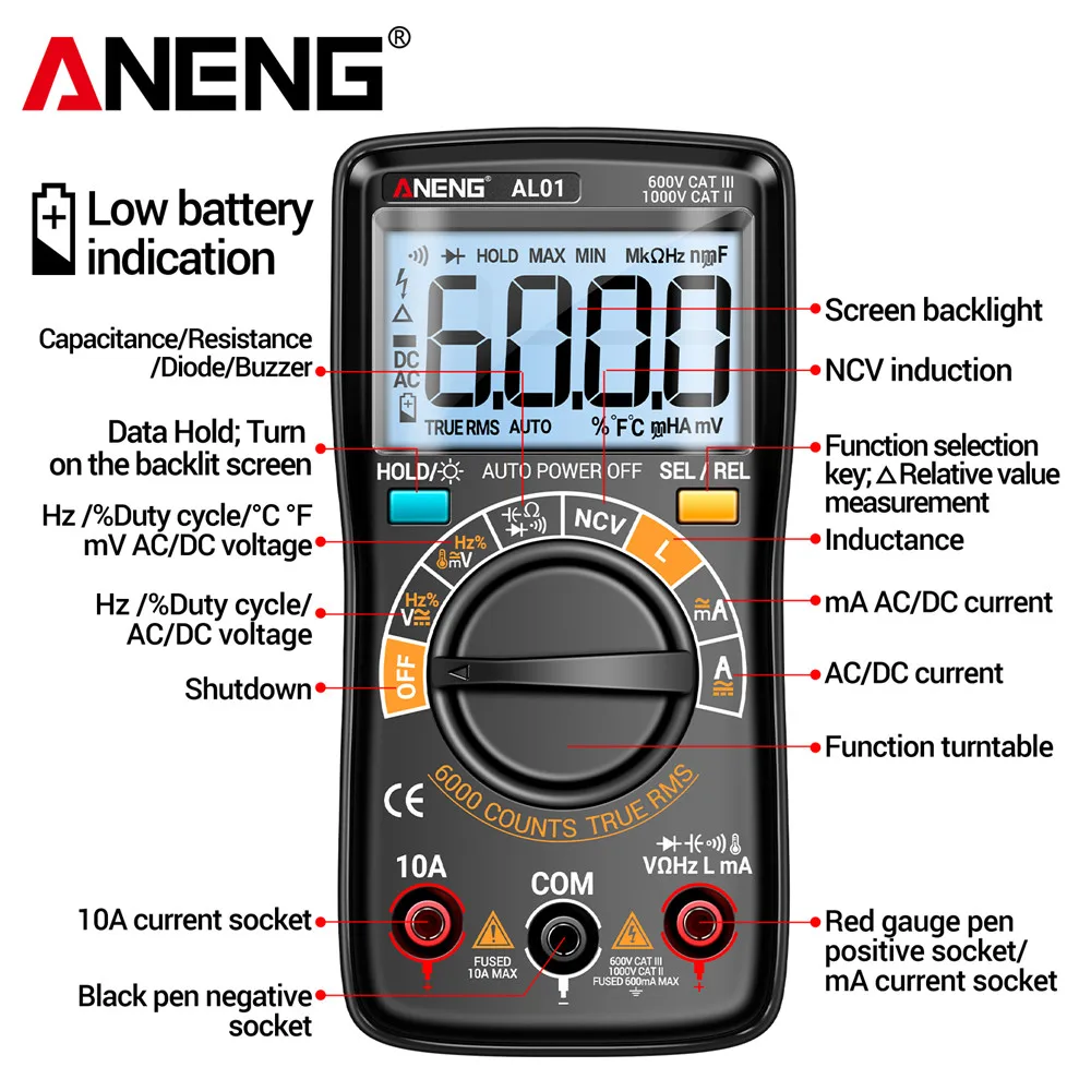 AC/DC Voltage Meter Current Tester Electrician Tools Inductance Digital Multimeter Professional   AL01 6000 Counts True-RMS