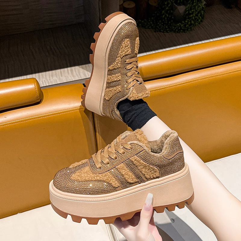 2024 Hot Sale Shoes Female Lace Up Women's Vulcanize Shoes Warm Women Sneakers Crystal Round Toe Platform Ladies Casual Shoes