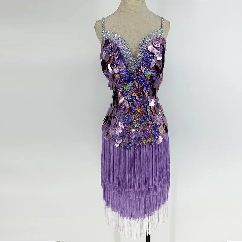 

Rumba Samba Chacha Adult Latin Skirt Purple Sparkle Diamond Standard Latin Dance Dress New Sexy Professional Latin Dancing Skirt